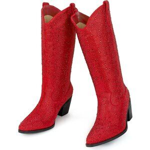 🆕Women Red   Rhinestone Mid Calf Pointed Toe Pull-On Sparkly Block Heel Boots